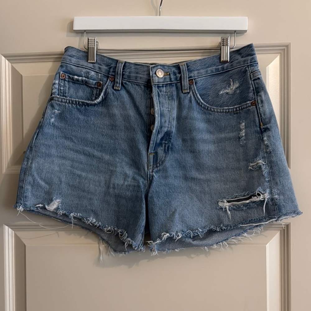 Agolde Blue Jean Shorts with Distressed Frayed Hem